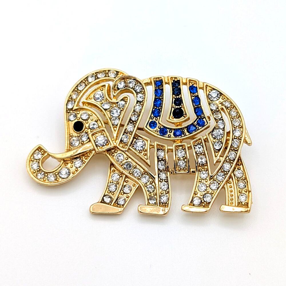 Monet Gold-Tone Elephant Brooch with Clear and Blue Crystals